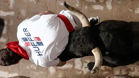 PAMPLONA, 12/07/2023.- Los veloces toros de la ganadería extremeña de Jandilla, durante el sexto encierro de los sanfermines este miércoles en Pamplona, un recorrido limpio de 2 minutos y 31 segundos de duración. EFE/Jesus Diges
