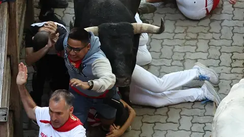 Los legendarios toros de la ganadería Eduardo Miura en el tramo final que desemboca en el callejón de la Plaza de Toros de Pamplona este viernes, durante el octavo y último encierro de sanfermines. J.P. Urdiroz/EFE