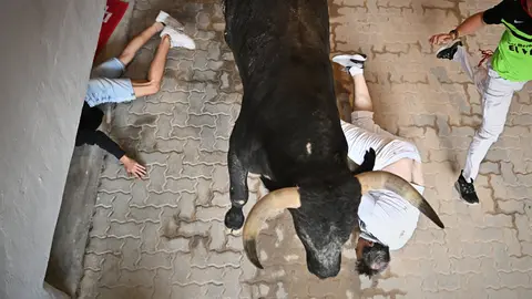Último encierro de San Fermín 2023 con toros de Miura en el callejón. PABLO LASAOSA