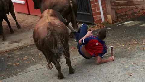 Primer encierro de las fiestas de Sangüesa 2023 con toros de Aldeanueva. IRANZU LARRASOAÑA