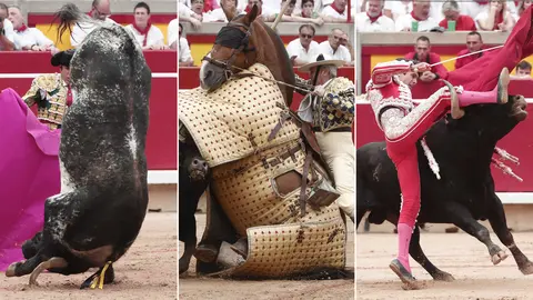 Tarde de volteretas en la tercera corrida de la Feria de San Fermín 2024 con toros de Victoriano del Río desde Pamplona para los diestros Sebastián Castella, Emilio de Justo y Ginés Marín. EFE - JESÚS DIGES