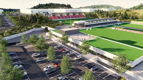 Ampliación de la Ciudad Deportiva de Osasuna en Tajonar: Vista del edificio principal desde el exterior.