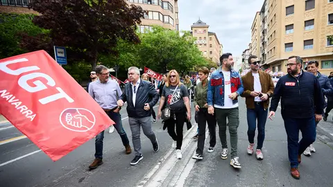 Manifestación de CCOO y UGT en Pamplona con motivo del 1 de mayo. Con presencia del secretario general de UGT Navarra, Lorenzo Ríos, la secretaria de Organización de CCOO Navarra, Pilar Arriaga y la presidenta de Navarra, María Chivite. IÑIGO ALZUGARAY