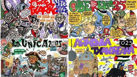 Fotomontaje con cuatro de las pancartas de las peñas para San Fermín 2025.
