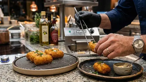Un cocinero prepara unas croquetas, listas para servir.
