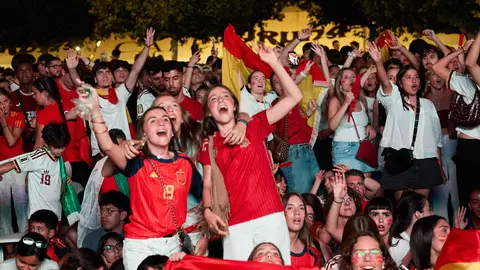 Seguimiento de la final del Mundial de f&uacute;tbol entre Espa&ntilde;a y Argentina en las pantallas gigantes instaladas en la Plaza del Castillo de Pamplona. I&Ntilde;IGO ALZUGARAY