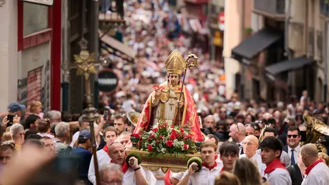 La procesi&oacute;n de San Ferm&iacute;n de Aldapa recorre las calles de Pamplona por San Ferm&iacute;n Chiquito 2026. PABLO LASAOSA