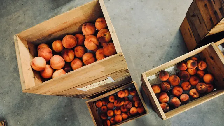 Varias barquillas de melocotones apiladas en un almac&eacute;n ARCHIVO