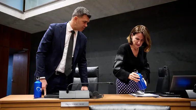 Javier Garc&iacute;a e Irene Royo, del PPN, minutos antes del comienzo del pleno del Parlamento. PABLO LASAOSA