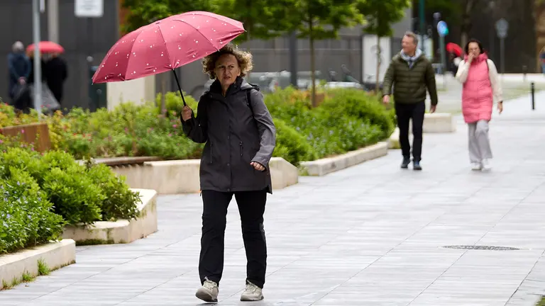 D&iacute;a de viento y paraguas con tiempo gris y chubascos en Pamplona. I&Ntilde;IGO ALZUGARAY