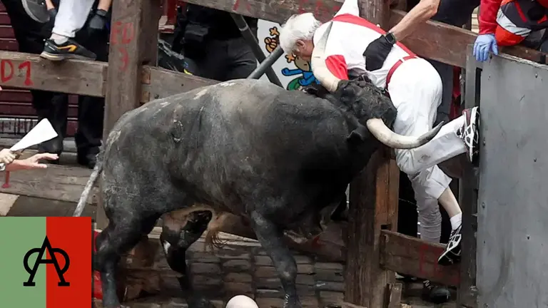 Octavo encierro de San Fermín el día 14 de julio de 2024 con toros de Miura en Pamplona en el tramo de la curva de Mercaderes. EFE - JESÚS DIGES