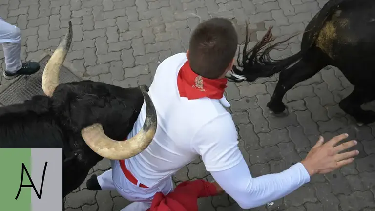 Quinto encierro de San Fermín el día 11 de julio de 2024 con toros de Domingo Hernández en Pamplona en el tramo de Telefónica. EFE - AINHOA TEJERÍA