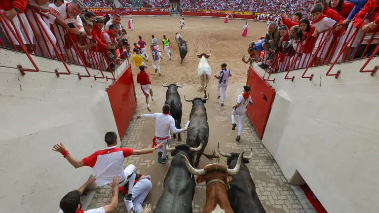 Octavo encierro de San Ferm&iacute;n 2025 el d&iacute;a 14 de julio con toros de Miura en el callej&oacute;n. EFE - J.P. URDIROZ (1)