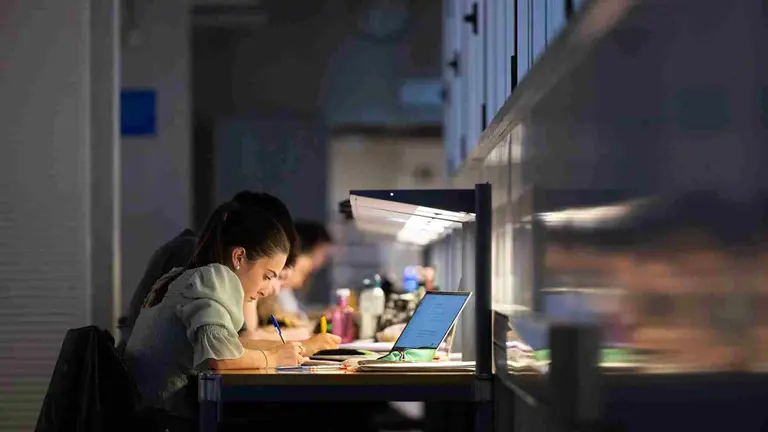Una estudiante en la biblioteca del aulario de la Universidad p&uacute;blica de navarra. UPNA