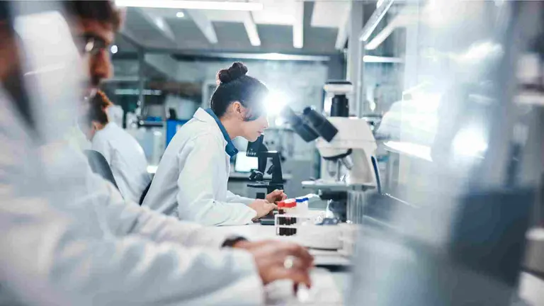 Investigadores observando muestras microsc&oacute;picas en el laboratorio. Shutterstock / PeopleImages
