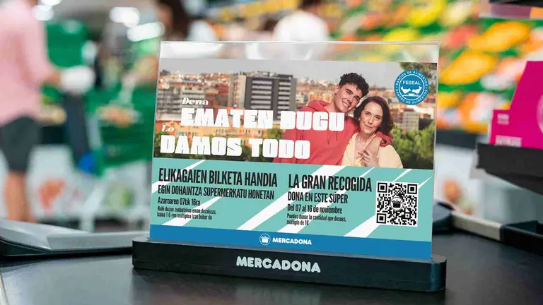 Separador de caja de Mercadona con información sobre la Gran Recogida del Banco de Alimentos. MERCADONA