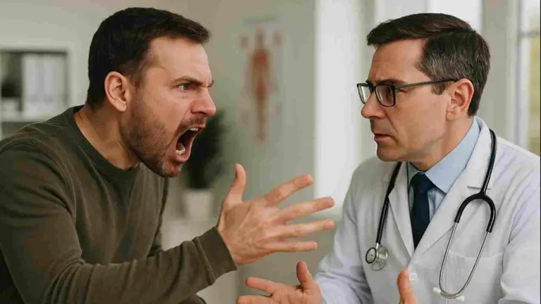 Imagen de un paciente a punto de agredir a un médico en una consulta. Imagen  generada por Inteligencia Artificial.