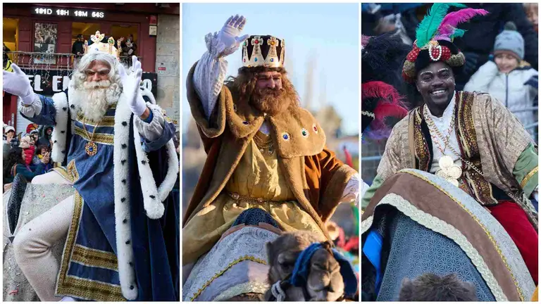 Melchor, Gaspar y Baltasar, los tres Reyes Magos que han protagonizado este lunes 5 de enero la Cabalgata de Reyes Magos de 2025 en Pamplona.