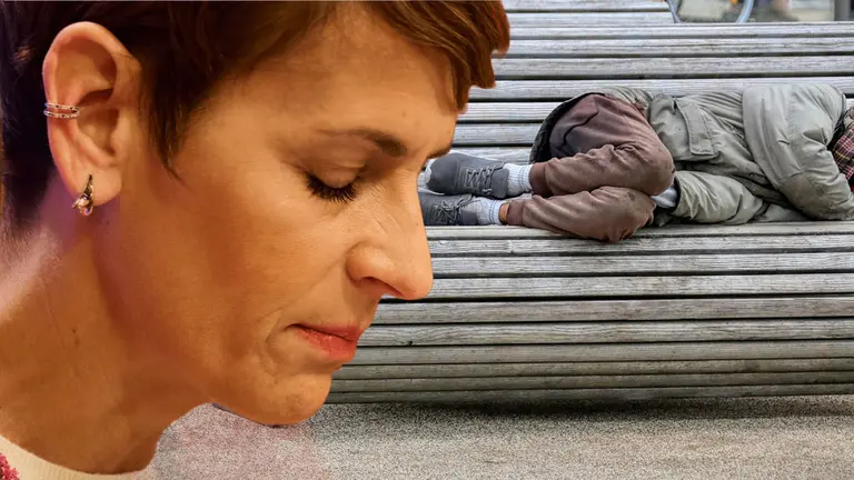 Fotomontaje con una imagen de Mar&iacute;a Chivite y otra de un sin techo. NAVARRA.COM