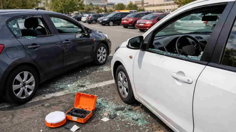 Dos coches con las ventanillas rotas y resttos de la caja de la baliza V-16 en el suelo.