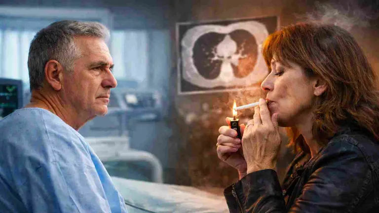 Una mujer fumadora y un paciente de c&aacute;ncer en un hospital. IA
