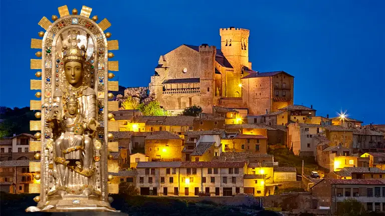 Fotomontaje con una imagen de la Virgen de Uju&eacute; sobre una vista del pueblo. ARCHIVO / TURISMO DE NAVARRA