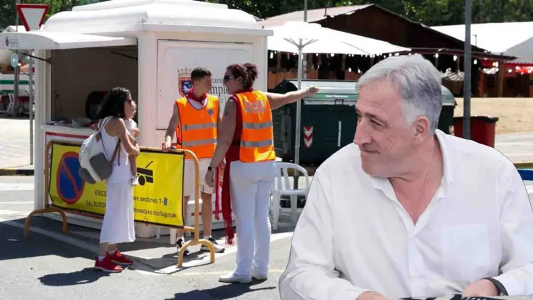 fotomontaje de Asiron sobre una foto de "naranjitos" trabajando en San Ferm&iacute;n.