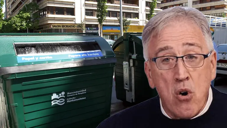 Fotomontaje con una imagen de Joseba Asiron sobre una fotograf&iacute;a de unos contenedores en Pamplona. NAVARRA.COM