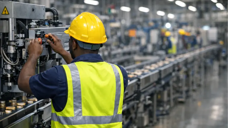 Imagen generada con Inteligencia Artificial de un operario en una l&iacute;nea de producci&oacute;n. CHAT GPT