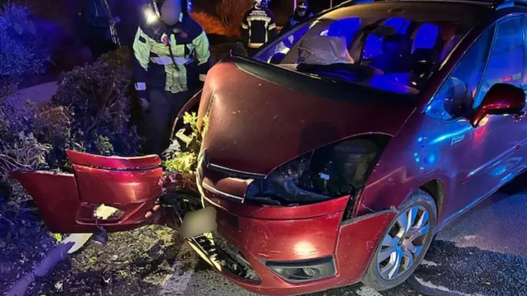 Estado en el que ha quedado el coche siniestrado en la carretera de Alfaro en Tudela. POLIC&Iacute;A LOCAL DE TUDELA