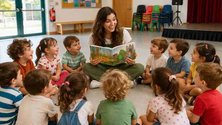 Una monitora rodeada de ni&ntilde;os en un cuentacuentos.