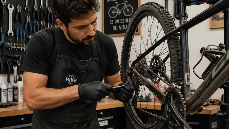 Un mec&aacute;nico reparando una bicicleta en un taller. IA