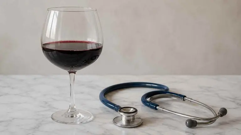 Una copa de vino junto a un fonendo.