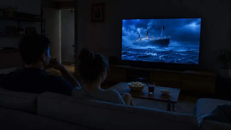 Un hombre y una mujer ven una pel&iacute;cula en el sal&oacute;n de una vivienda.