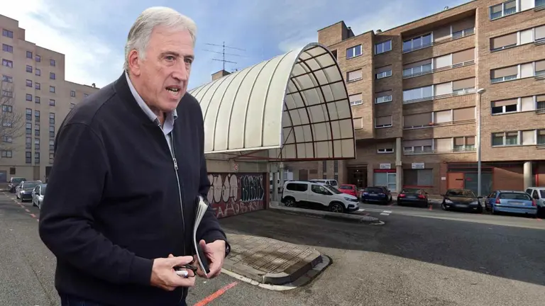 Fotomontaje con una imagen de Joseba Asiron sobre la vista de un aparcamiento en el barrio de Mendebaldea. NAVARRA.COM