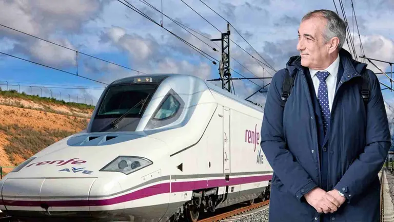 Fotomontaje de &Oacute;scar Chivite sobre la imagen de un Tren de Alta Velocidad.