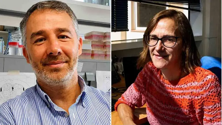 Miguel L&oacute;pez, doctor en Biolog&iacute;a, catedr&aacute;tico de la Universidade de Santiago de Compostela y director del grupo NeurObesity y Eva Gonz&aacute;lez en su despacho del Centro Nacional de Investigaciones Oncol&oacute;gicas (CNIO).