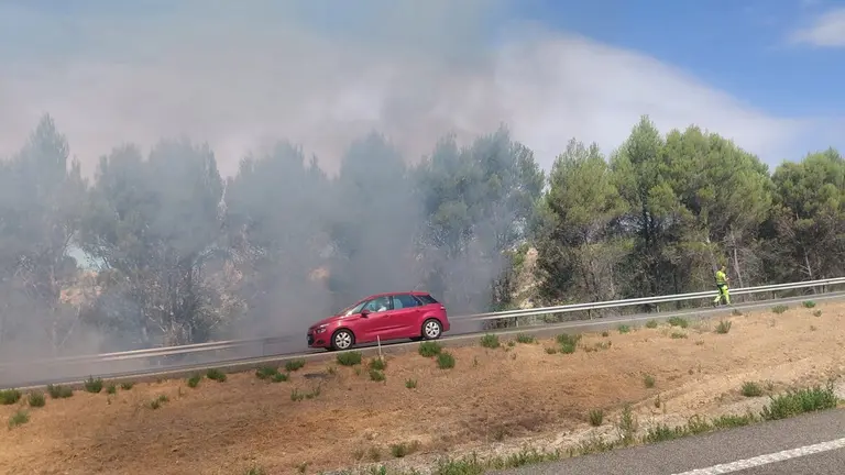 Un incendio de matorral obliga a cortar la AP-15 en Pueyo y provoca retenciones en sentido sur