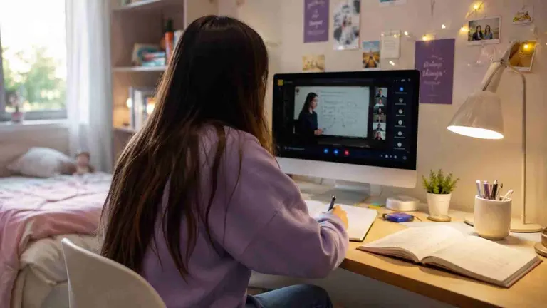 Una joven estudiante haciendo un curso on line desde su casa.