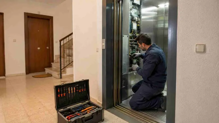 Un t&eacute;cnico repara un ascensor estropeado en una comunidad de vecinos.