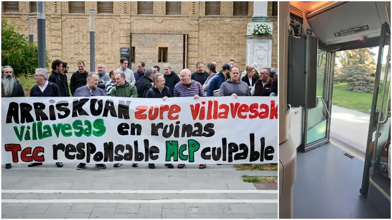 Fotomontaje con una imagen de archivo de una protesta por el estado de las villavesas y otra del autob&uacute;s circulando con la puerta abierta.