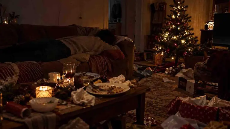 Una mujer descansa sobre el sof&aacute; en una vivienda en Navidad.