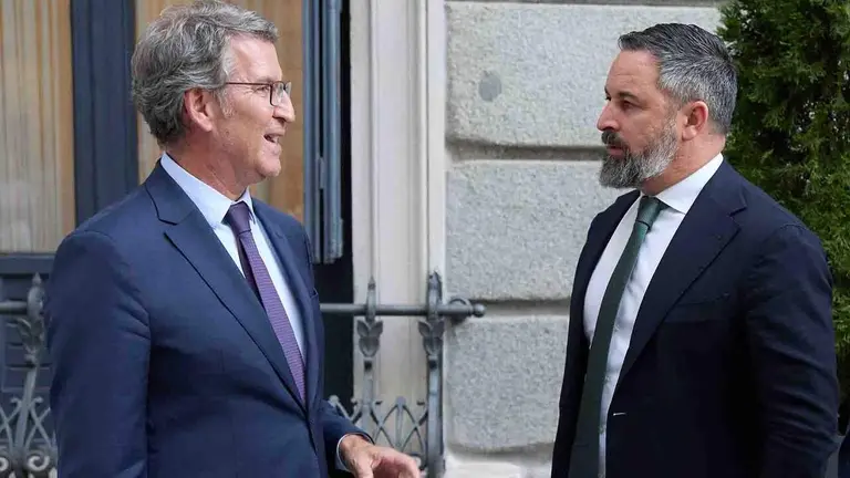 El presidente del PP, Alberto N&uacute;&ntilde;ez Feij&oacute;o conversa con el presidente de VOX, Santiago Abascal. Jes&uacute;s Hell&iacute;n / Europa Press