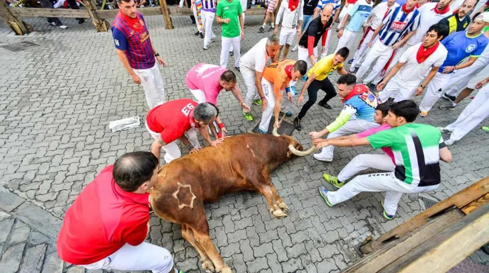 Caída de los Jandilla en el quinto encierro de los Sanfermines 2016 en Telefónica. ABEL CASTRO (7)