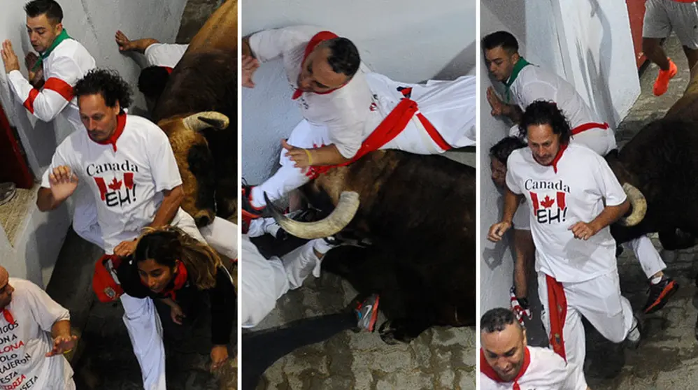 Secuencia de uno de los momentos de mayor peligro en el tercer encierro de San Fermín 2017 con los toros del 'Puerto de San Lorenzo'. MIGUEL OSÉS.