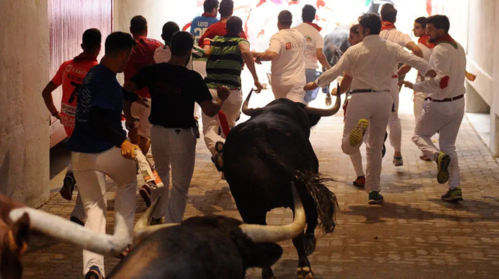 Séptimo encierro de los sanfermines de 2017 con la ganadería de Nuñez del Cuvillo en el tramo de la bajada al callejón. MIGUEL OSÉS (8)