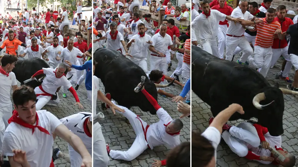 Secuencia de uno de los momentos más angustiosos de este cuarto encierro de los toros Fuente Ymbro en la bajada al callejón ALEJANDRO VELASCO.jpg