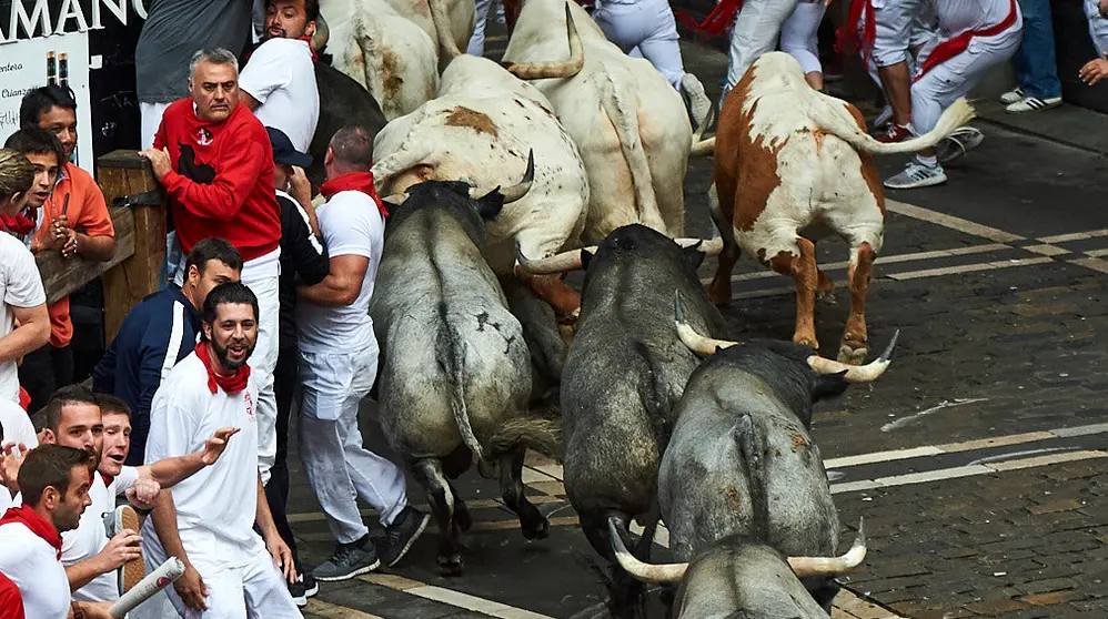 Tercer encierro de las fiestas de sanfermin de 2019 con toros de la ganaderia de José Escolar en el tramo del Ayuntamiento. MIGUEL OSÉS