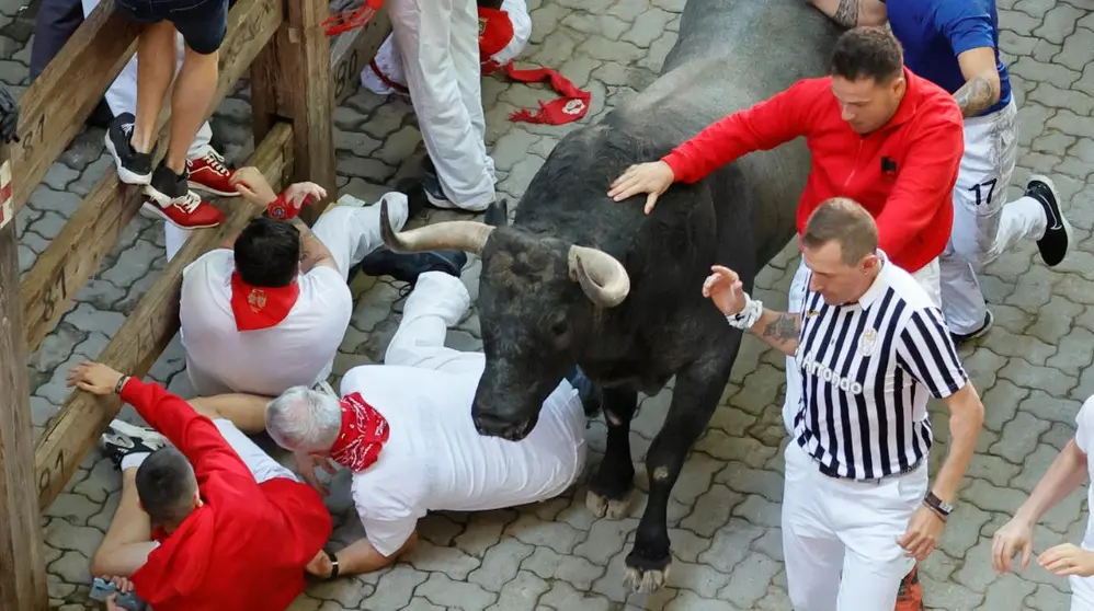 Los mozos corren ante los toros de la ganader&iacute;a de Jos&eacute; Escolar durante el tercer del encierro de San Ferm&iacute;n, este s&aacute;bado. EFE. Villar Lopez