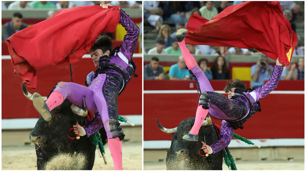 Cristiano Torres, volteado y a punto de ser corneado en la novilla de la Feria del Toro de San Ferm&iacute;n.